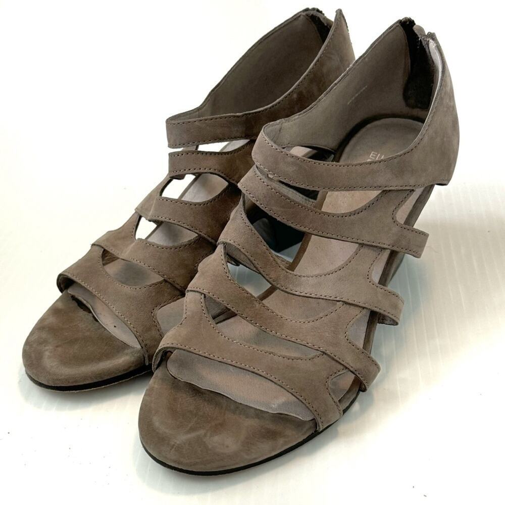 Eileen Fisher grey leather strappy heeled sandals size 9